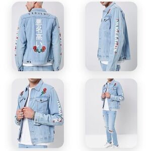 Brooklyn Cloth Denim Blue Rose Embroidered Jacket Size Large